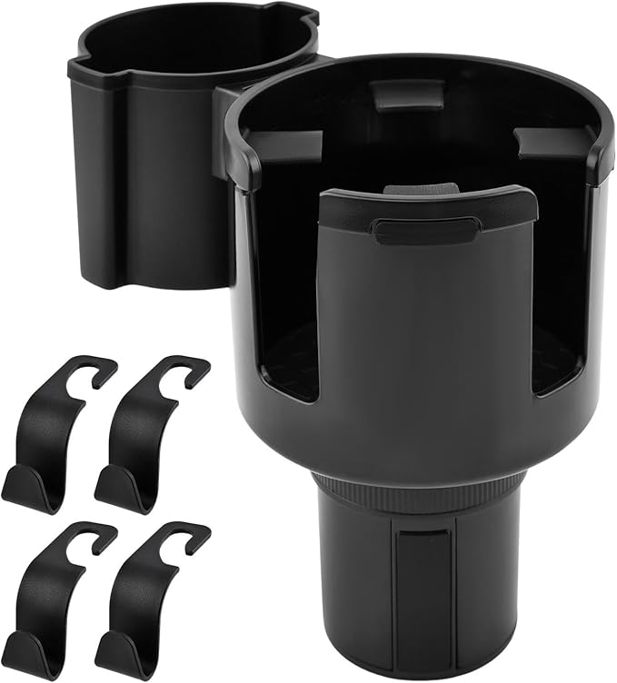 2-in-1 Car Cup Holder Expander, Adjustable Car Extender Adapter with Non-Slip Base - No Spill Cup Holder Extender with 4 Hook
