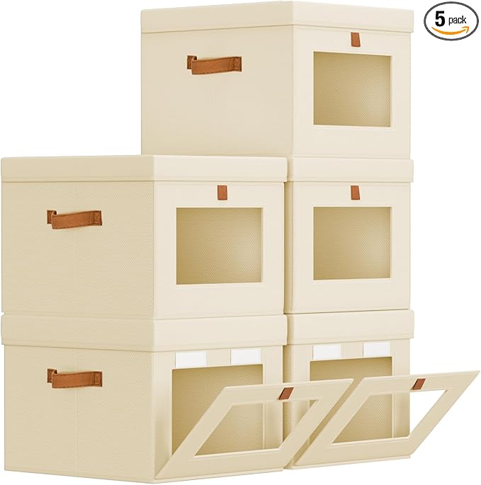 Homsorout Storage Bins with Lid – Closet Organizer with Side Opening and Clear Window, Foldable Stackable Fabric Basket for C