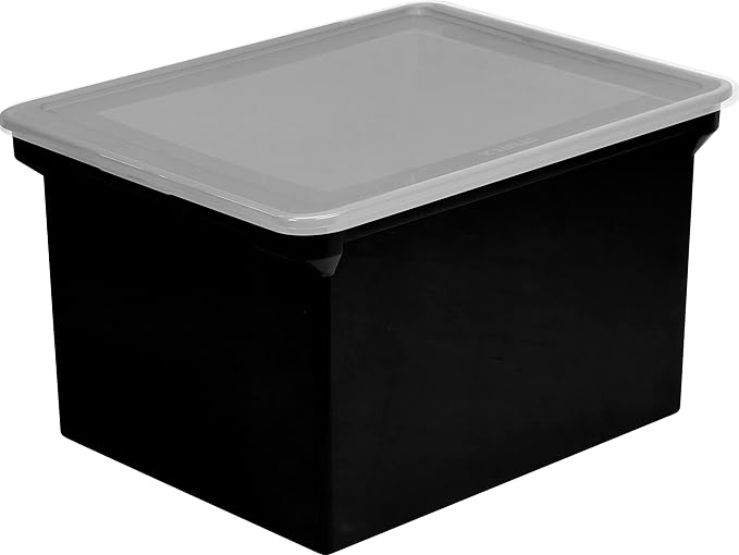Storex Plastic File Tote Storage Box with Snap-On Lid, Letter/Legal Size, Black/Silver (61528A01C)