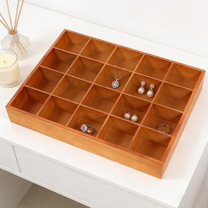 PRETYZOOM Wooden Sorting Tray Closet Drawer Divider Organizer with 20 Compartments Suitable for Socks Briefs Keys Stationery 