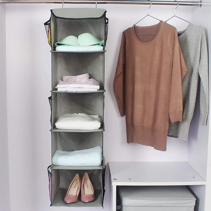 BrilliantJo 5 Shelves Hanging Closet Organizer, 2 Pack Hanging Storage with 6 Side Pockets for Clothes Bags, 43"x12"x12"(Gray