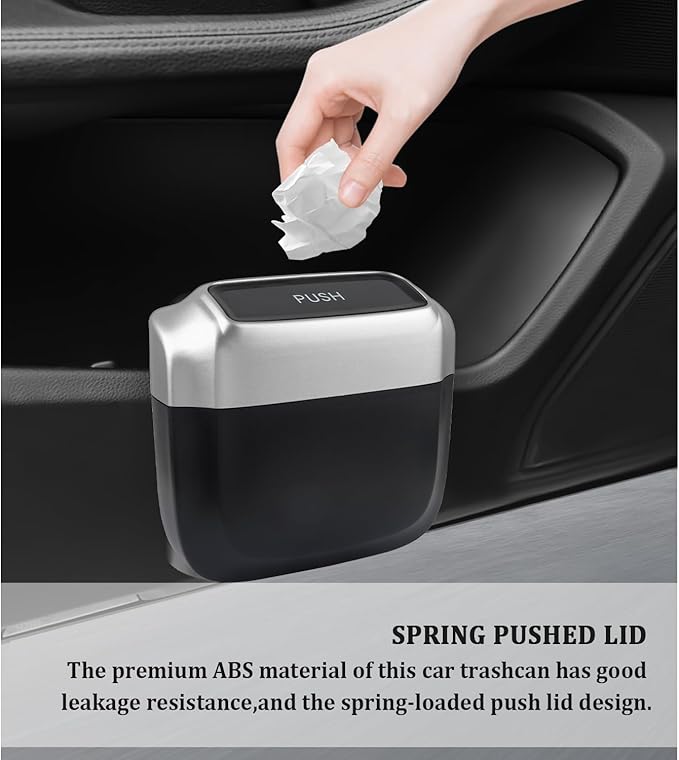 2PCS Car Trash Can with Lid + 60PCS Garbage Bag,Mini Trash Can Car Interior Accessories with Capacity 700ml,Multifunctional CCar Organizers and Storage(Silver)