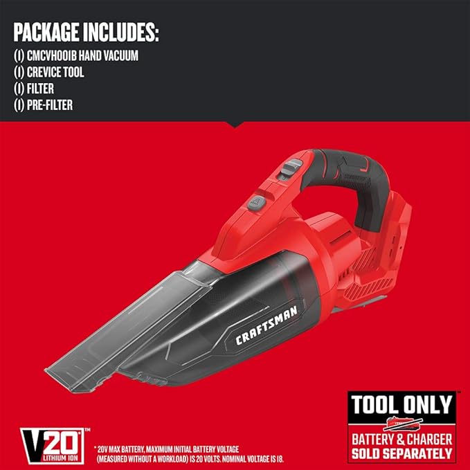 CRAFTSMAN V20 Cordless Hand Vacuum, 45 CFM, 2 Stage Filtration System with Filter, Bare Tool Only (CMCVH001B)