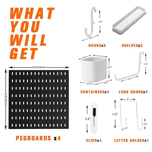 Peg Board Combination Kit, 4 Pegboards with 20 Accessories, Pegboard Wall Organizer for Office, Nursery & Home Storage, Key H