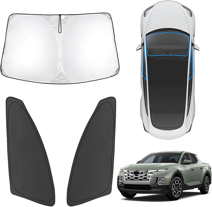 Karltys 3PCS Windshield Sun Shade for 2022-2025 Hyundai Santa Cruz, 210T Thickened Front and Side Window Sunshade Cover Custom Fit Santa Cruz, Foldable Sun Visor UV Blocker Keeps Your Car Cool