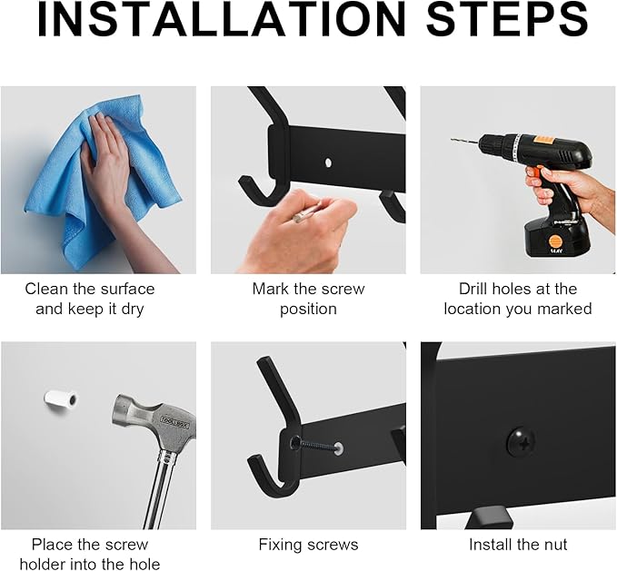 VAEHOLD Wall Hooks for Hanging, Black Coat Rack Wall Mount with 6 Coat Hooks, Towel Hanger, Hat Hooks, Robes Hook in Bathroom