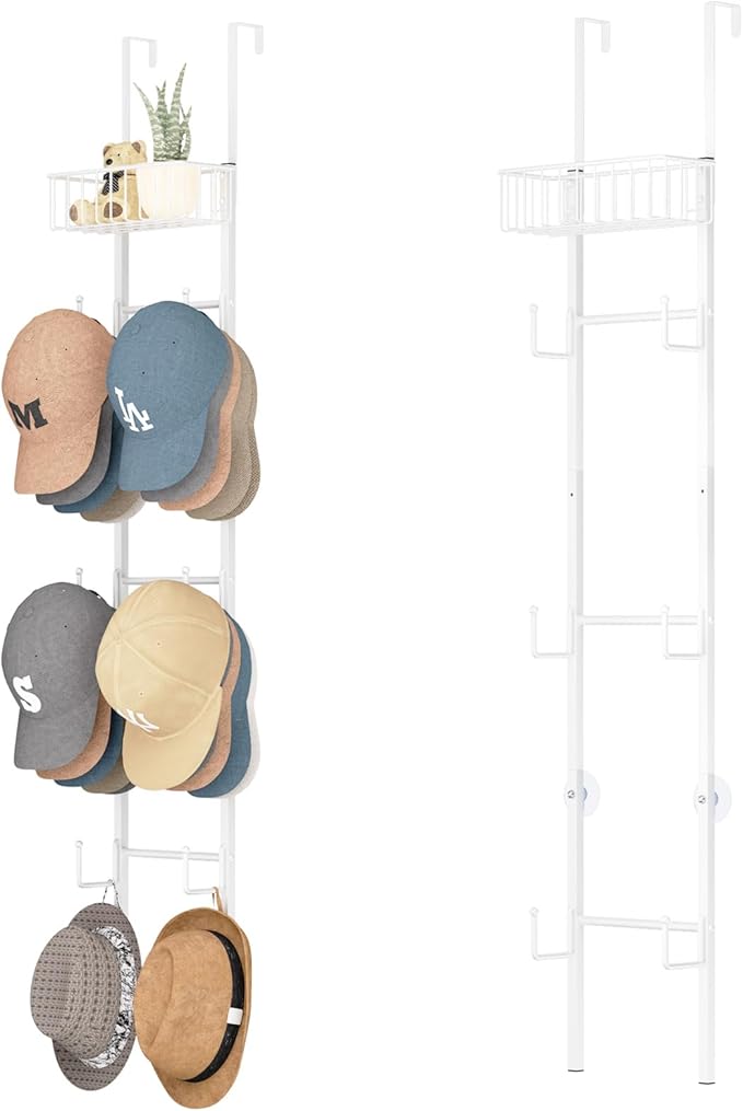 HapiRm Over Door Hat Rack - 2 Packs Wall Mounted Hat Holder with 6 Hooks and Metal Basket Design, Baseball Cap Organizer Stor