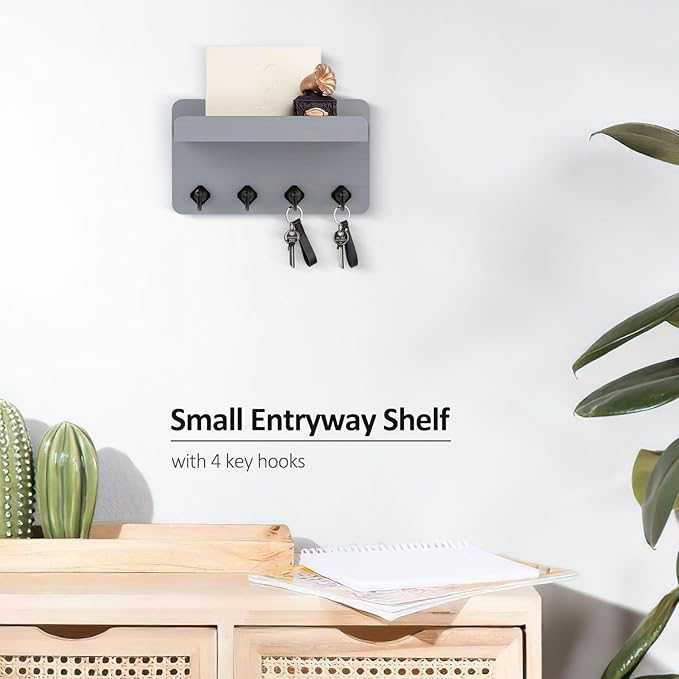 Nekon Key Holder Wall Mount, 8.5 Inch Small Home Decor Wooden Wall Organizer with 4 Hooks and Shelf, Key and Mail Holder for 