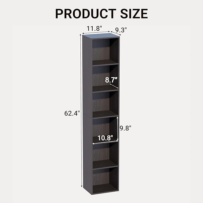 Book Shelf, 6-Tier Bookcase, Wooden Open Cube Storage Organize, 9.3 x 11.8 x 62.4 inches Bookshelf for Living Room, Bedroom, 