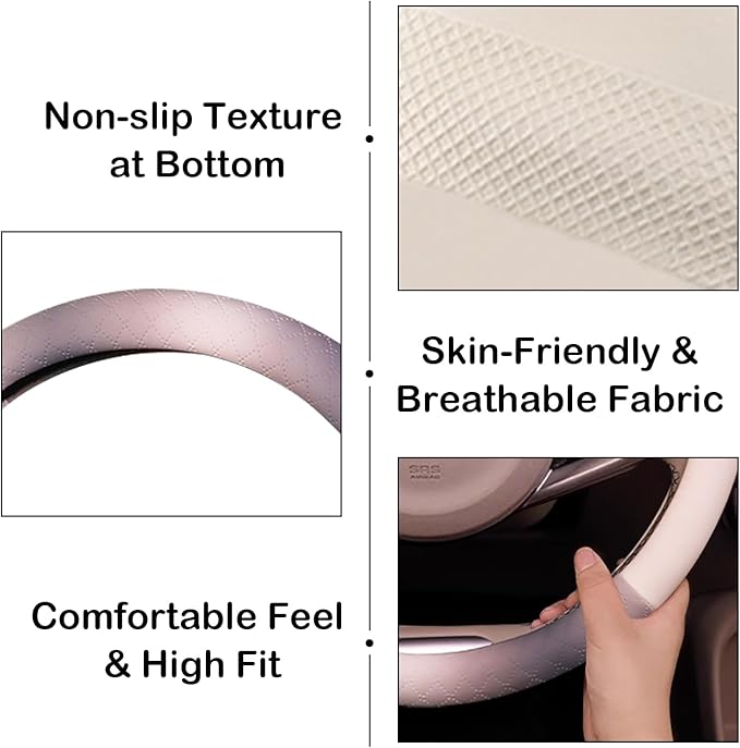 Steering Wheel Cover, Gray White Leather Steering Wheel Cover 14.5-15 Inch Non-Slip Breathable Microfiber Car Steering Wheel 
