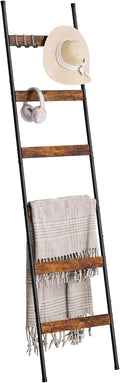 ELYKEN Blanket Ladder for Living Room, Farmhouse 6-Tier Quilt Holder with 4 Removable Hooks for Bathroom, Wood Towel Rack Dis