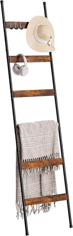 ELYKEN Blanket Ladder for Living Room, Farmhouse 6-Tier Quilt Holder with 4 Removable Hooks for Bathroom, Wood Towel Rack Dis