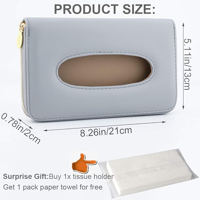 Car Sun Visor Tissue Holder, Napkin Holder, PU Leather Backseat Tissue Case Holder for Car Vehicle with Zipper (Grey)