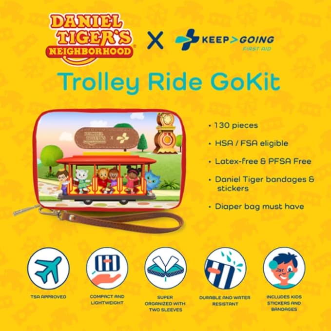 KeepGoing Daniel Tiger’s Travel First Aid Kit for Kids – 130 Pc. for Car, Home, Purse, Diaper Bag & Backpack with Latex-Free 
