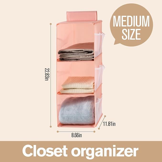 Hanging Closet Organizer, 4-Section Storage Shelves, Oxford Cloth with Mesh Pockets, (Pink, 3 Section)