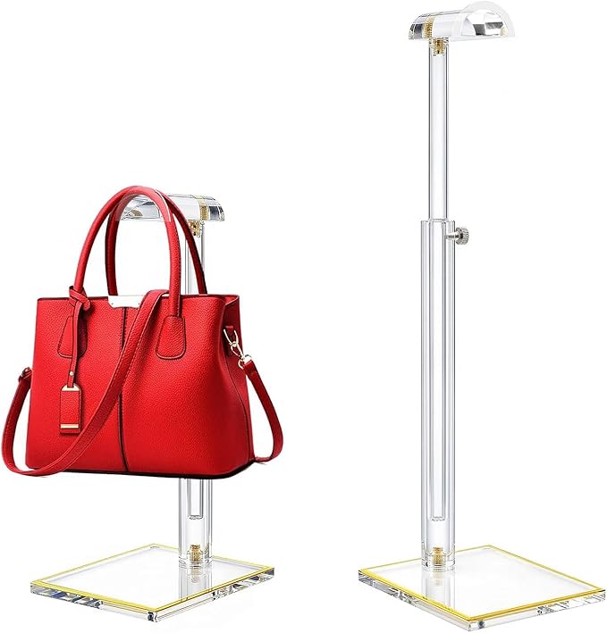 2Pcs Purse Display Stands, Height Adjustable10"-16"+14"-24", Acrylic Handbag Stands for Display, Clear Holder for Purse Eveni