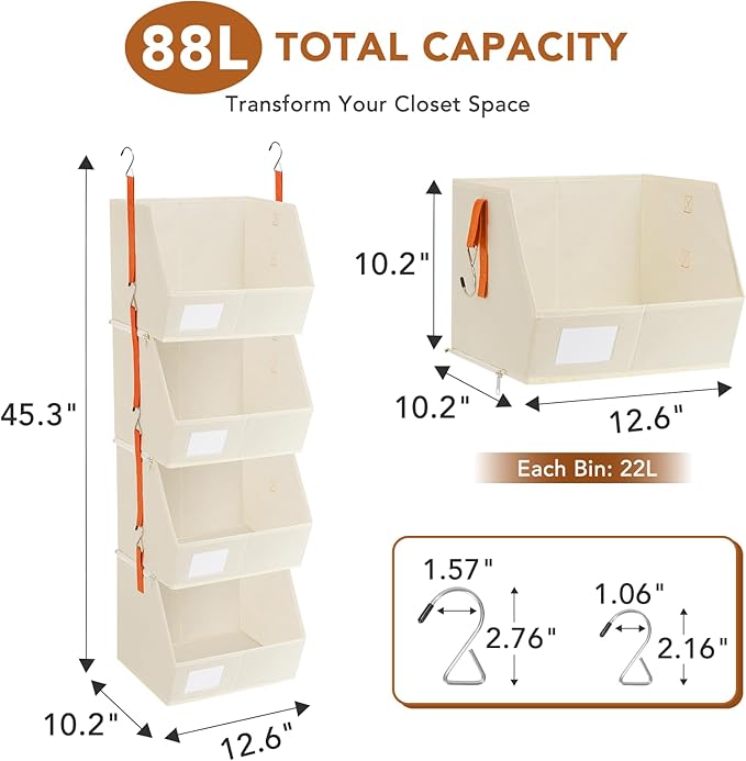 4 Pcs Modular Closet Organizer - Detachable & Foldable Hanging Storage Cubes, 88L Total Capacity, Heavy Duty Fabric Shelves f