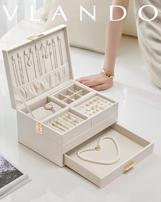 VLANDO 3 Layer Jewelry Box - Women Jewelry Box with Retractable Tray - Jewelry Organizers with Drawer for Necklaces, Rings, B