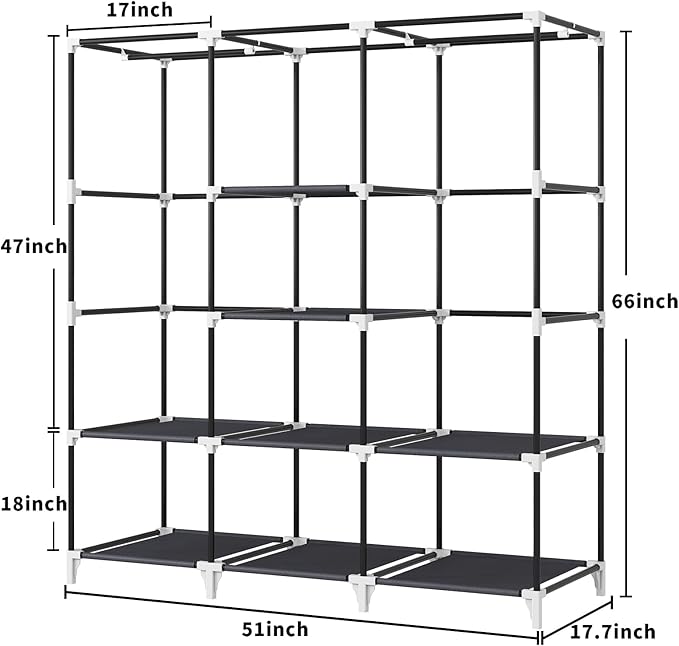 Portable Closet, 51 Inch Wardrobe Closet for Hanging Clothes with 2 Hanging Rods, 8 Storage Organizer Shelves for Bedroom, Du