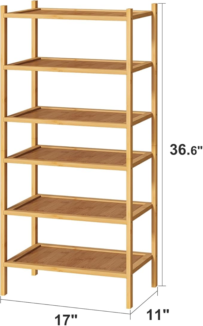 kiplant 6-Tier Small Bamboo Shoe Rack for Entryway, Stackable | Foldable | Natural, Shoe Organizer for Hallway Closet, Free S