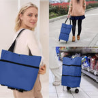 Collapsible Shopping Grocery Bag with Wheels Rolling Tote Bag with Wheels Large Reusable Shopping Bags Foldable Cart(Blue,Large)