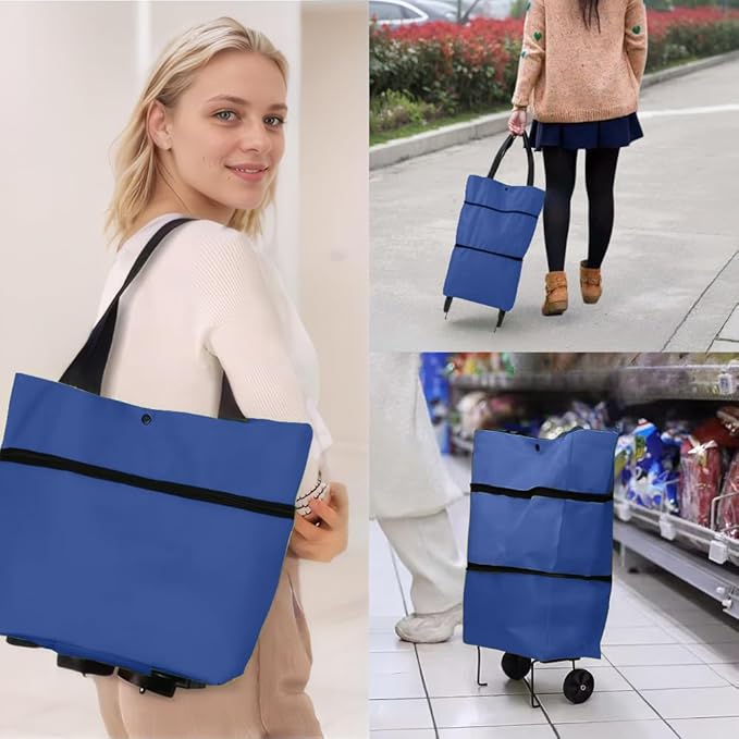 Collapsible Shopping Grocery Bag with Wheels Rolling Tote Bag with Wheels Large Reusable Shopping Bags Foldable Cart(Blue,Large)