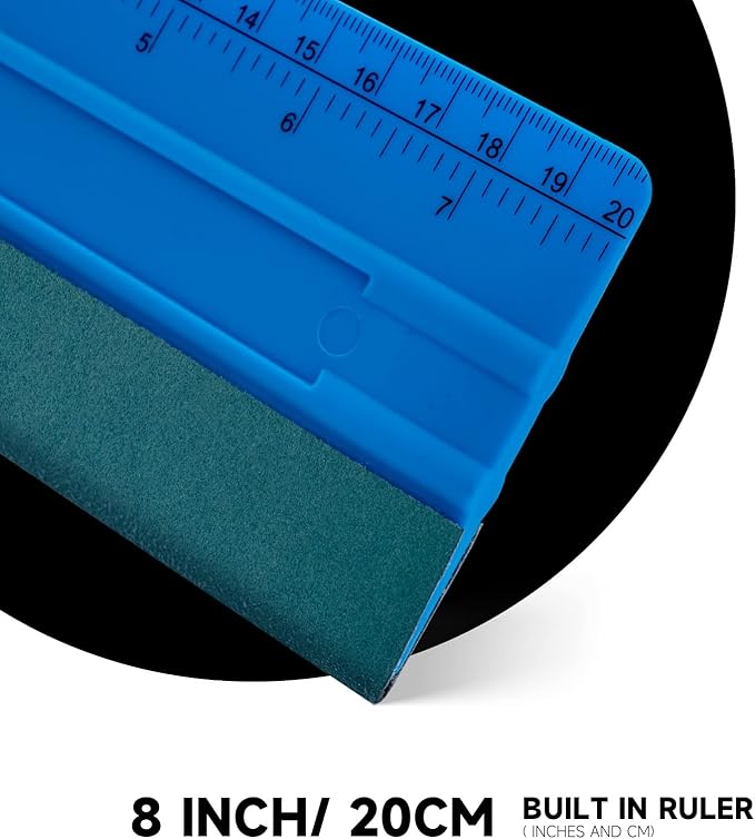 FOSHIO 8 Inch Felt Squeegee for Vinyl wtih Ruler 20CM 4 Round Corners Universal Card, Window Tint Film Installing Hard Blue PP Car Vinyl Wrap Scraper Tool