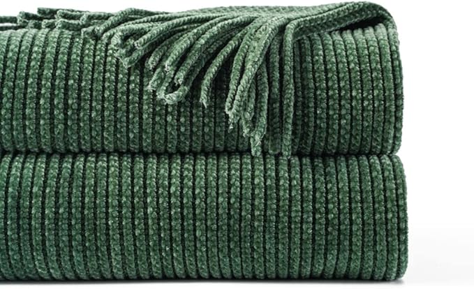 BATTILO HOME Dark Green Throw Blanket for Couch, Soft Chenille Knit Throws with Tassels for Home Decor, Spring Green Throws f