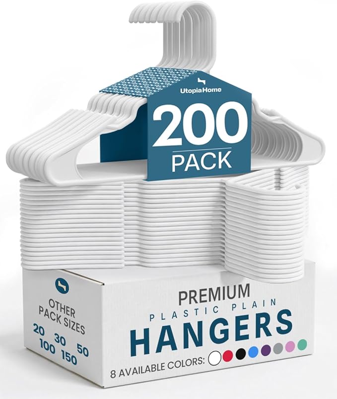 Utopia Home Plastic Hangers 200 Pack - Perfect Space Saving Clothes Hanger - Durable and Strong - Perfect Closet Organizers w
