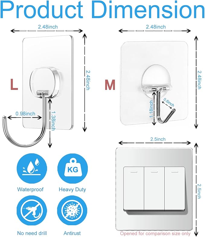 JINSHUNFA Adhesive Wall Hooks 13LB Heavy Duty No Drill Large Transparent Waterproof Hooks for Bathroom Kitchen Towel Coat 12 