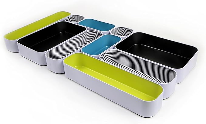 Three by Three Seattle 10 Piece Metal Organizer Tray Set for Storing Makeup, Stationery, Utensils, and More in Office Desk, K