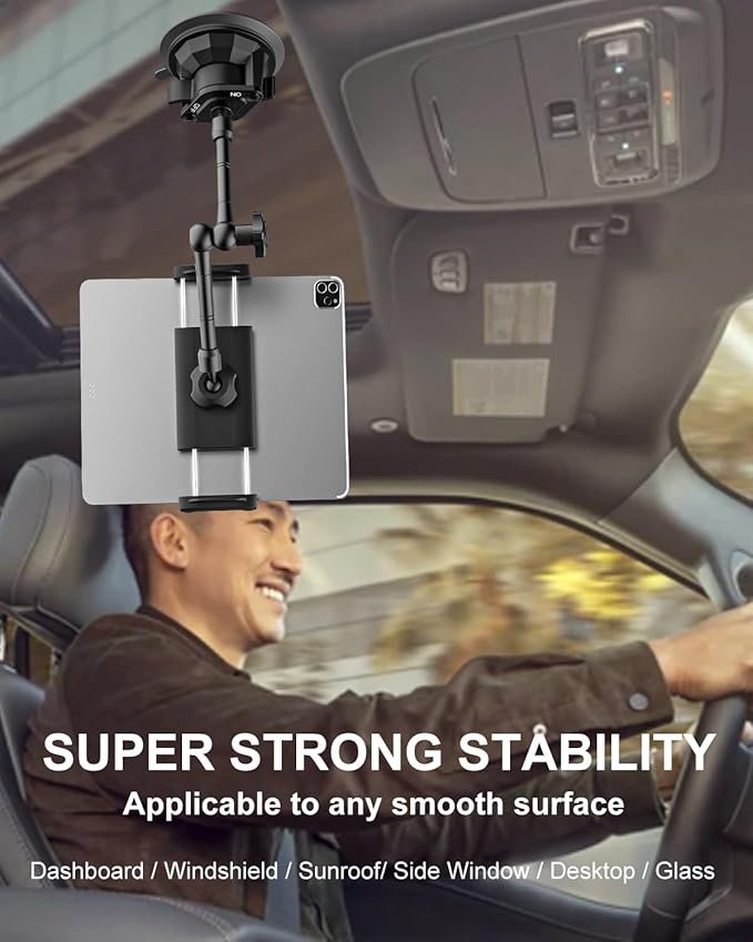 Tablet Holder Mount for Car - Anti-Shake Dashboard Windshield Sunroof Stand for Truck/Car/Pickup/Van, Heavy Duty Metal Tablet Mount for 4-12.9" iPad Pro Air Mini, Z Fold, iPhone