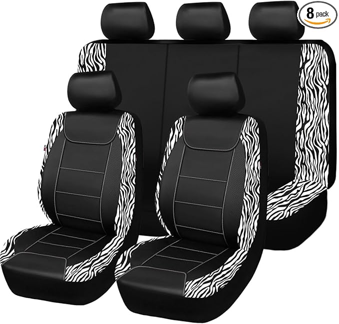 Flying Banner car seat Covers Protects Zebra Printing Velvet Faux Leather Carbon Fiber Front and Rear Bench Full Set (Zebra B