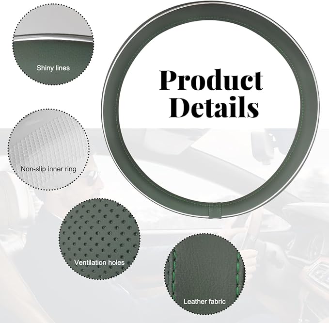 Yourkar Leather Steering Wheel Cover, Breathable Anti-Slip Car Steering Wheel Protector for Max Diameter 15 Inch, Universal A