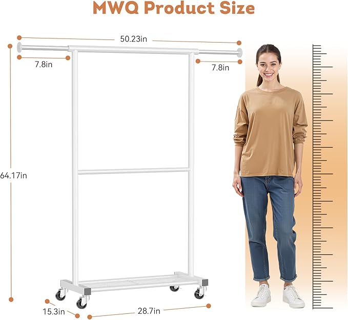 Double Clothing Rack, Clothes Rack for Hanging Clothes, Rolling Garment Rack with Adjustable Rod, White