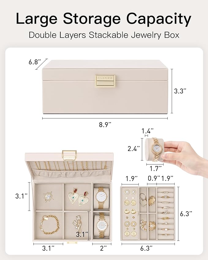 VLANDO 2 Layer Jewelry Boxes Large Jewelry Organizer for Women Removable Jewelery Tray for Watch Necklace Earrings Rings Brac
