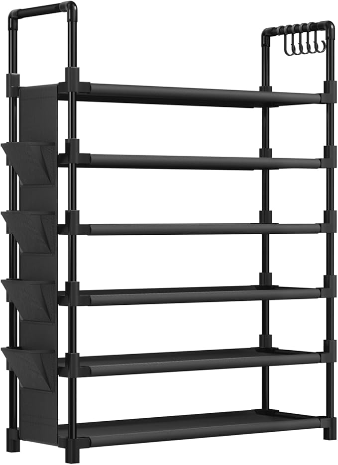 Mavivegue 6 Tier Shoe Rack for 25-30 Pairs of Shoes,Metal Shoe Rack with Hook and Side Pocket for Closet,Entryway,Hallway,Dor