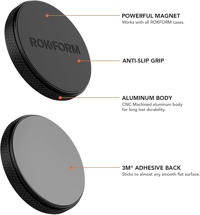 Rokform - Low Pro Magnetic Phone Mount, 1-Inch Phone Magnet for Car, 3M VHB Adhesive Holder Mounts to Almost Any Flat Surface, Compatible with All Cases (Black)