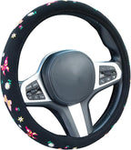Embroidered Butterfly Daisy Cute Black Steering Wheel Cover, Auto Anti-Slip Breathable Steering Wheel Protector, Butterfly Floral Car Accessories for Women,Universal Size Fit Most Cars -15 inch
