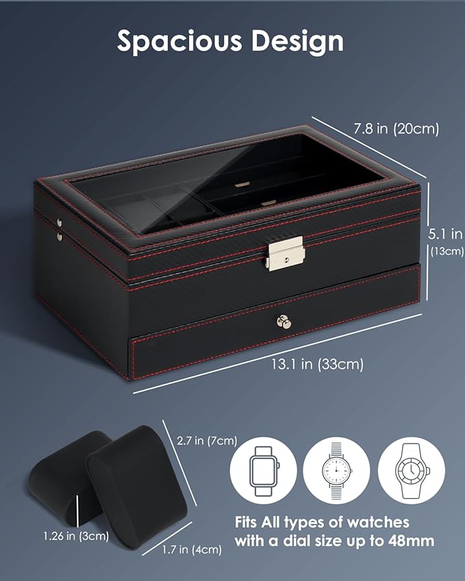 Kukikan Watch Jewelry Box Organizer, 6-Slot 2-Layer Watch Case and Sunglasses Storage with Large Glass Lid, Men's Jewelry Box