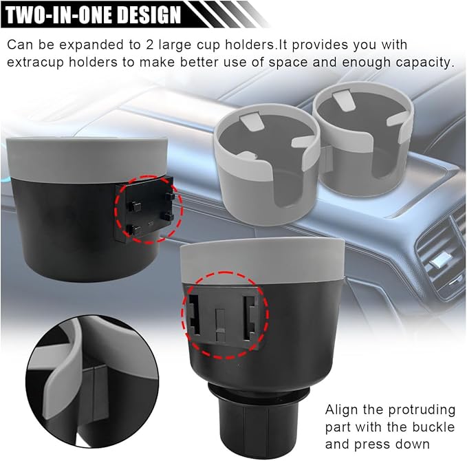 Car Double Cup Holder Extender, 2-in-1 Car Cup Holder Adapter with Adjustable Base, Universal Multifunctional Cup Holder Organizer for Beverage, Snack, Cup, Bottle Storage (Grey)