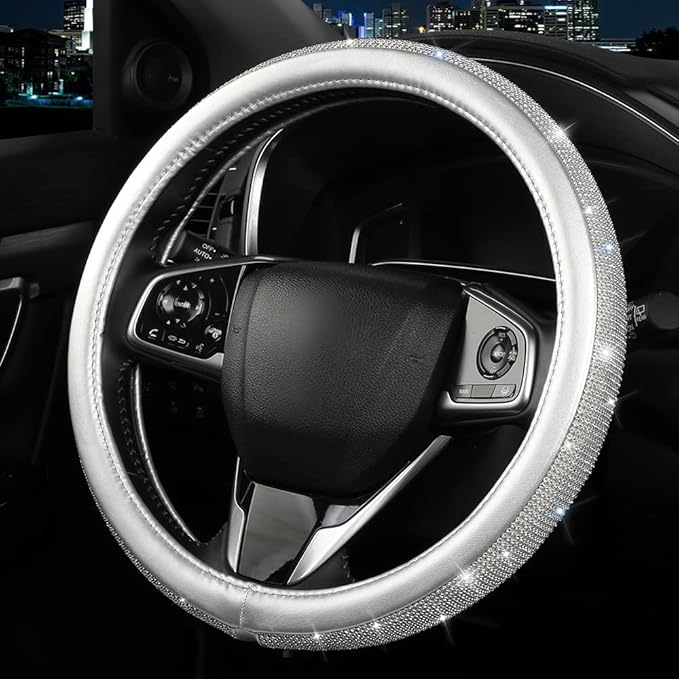 Bling Diamond Steering Wheel Cover, Leather Steering Wheel Covers for Women Girls with Crystal Rhinestones, Breathable, Anti-Slip Universal Fit 14.5-15 Inch Bling Car Accessories(Silver)
