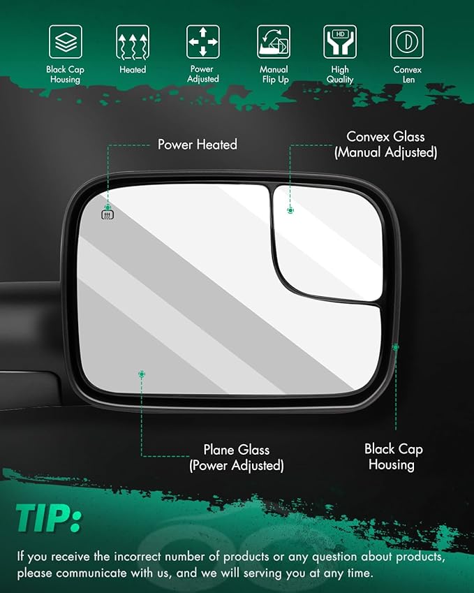 SCITOO Towing Mirrors fit for Dodge for Ram Exterior Accessories Mirrors fit 02-08 for Ram 1500 03-09 for Dodge for Ram 2500 3500 Blind spot mirror Telescoping Features (02-08 power heated mirrors)