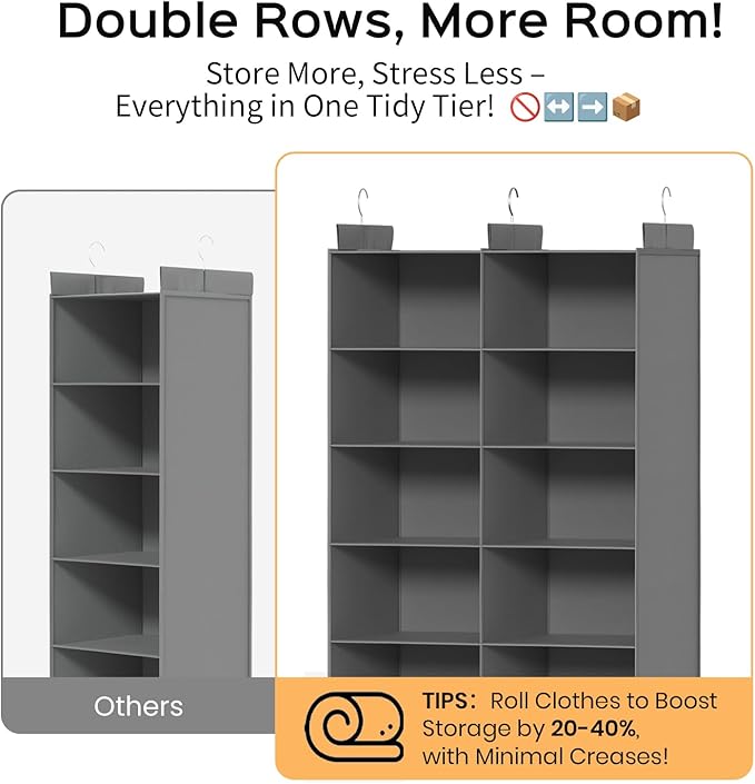 ALLTIDYUP Grey 5-Tier Hanging Closet Storage Organizer - Space-Saving Dual-Row Foldable Shelves with 3 Hooks, Wardrobe Organi