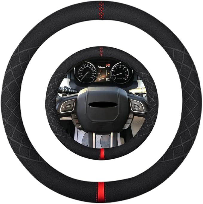 Suede Steering Wheel Cover,Compatible with Land Rover Discovery Sport Evoque Freelander Suede Leather Sport Non-Slip Wheel Cover Car Interior Accessories 15 inch for Man and Women