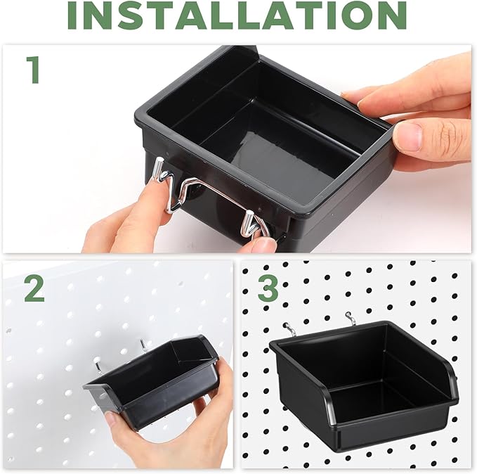 16 Pcs Black Pegboard Bins with Metal Hooks, Heavy Duty Plastic Storage Organizer, Pegboard Tools Organizer for Garage, Works