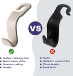 Leather Car Hooks for Headrest - Fully Leather-Wrapped U-Shaped Purse Holder for Car, Flexible Seat Back Organizer & Durable Car Accessories for Purses, Bags, Coats & More (Beige, 2 Pack)