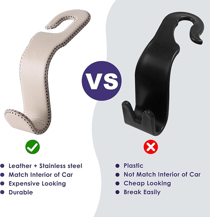 Leather Car Hooks for Headrest - Fully Leather-Wrapped U-Shaped Purse Holder for Car, Flexible Seat Back Organizer & Durable Car Accessories for Purses, Bags, Coats & More (Beige, 2 Pack)