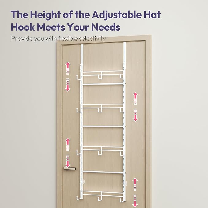 SWTYMIKI Over Door Hat Organizer - 4 Tier Metal Adjustable Wall Mounted Hat Rack with 12 Hooks Design, Hanging Baseball Cap O