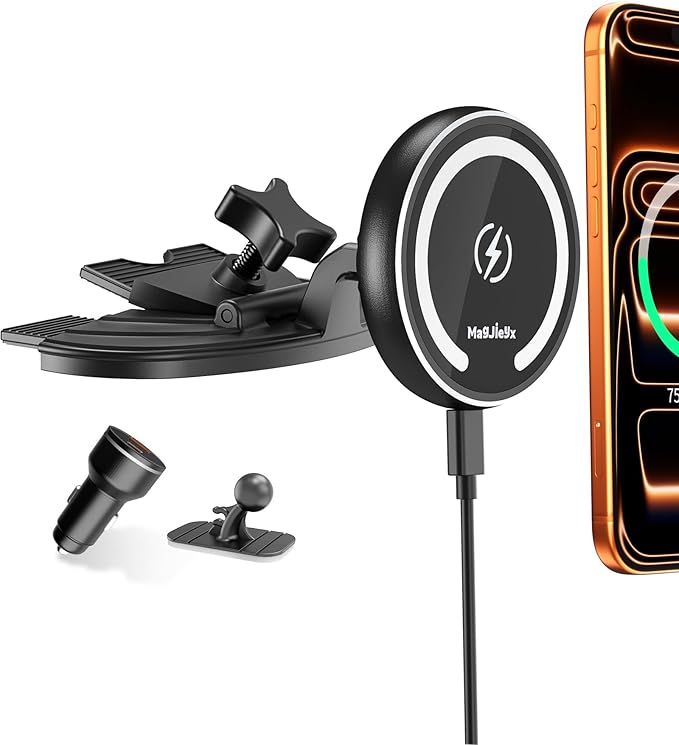 CD Slot Magnetic Car Mount Charger Work for iPhone 17 16-12, 3X Stable on Bumpy Roads, 99% Car/Truck-Approved, Wireless Charging Holder with 3M Dash Sticker, No Air Vent Block(QC3.0 Adapter)